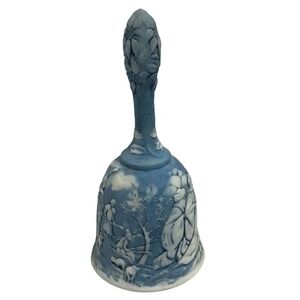 Fenton Hand Painted Blue Jasperware Bell Scenic Village Design Collectible